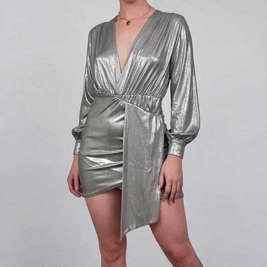 Silver Metallic Draped Long Sleeve Plunge Neck Mini Dress
