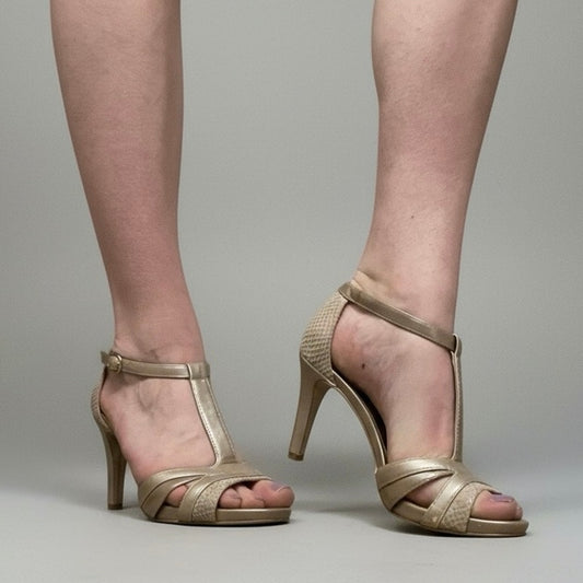 AK Anne Klein Beige Strappy Open Toe Faux Leather Stiletto Heels