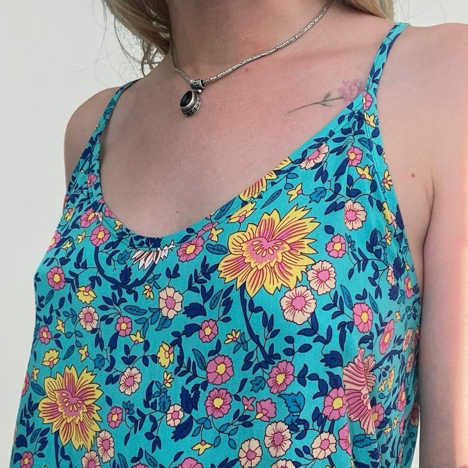 Qearal Blue Boho Floral Print Mini Dress
