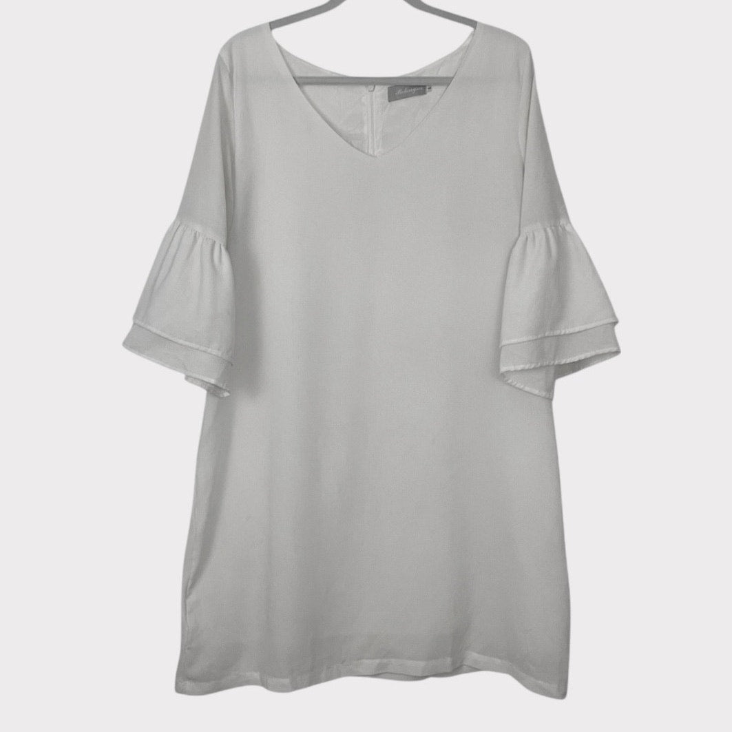 Belongsci Vintage Sheer White Bell Sleeve V-Neck Mini Dress