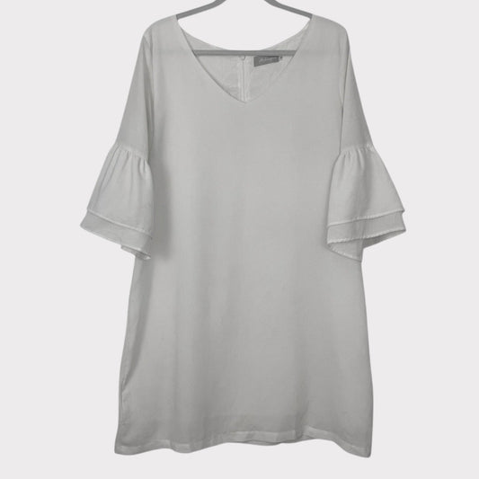 Belongsci Vintage White Bell Cropped Sleeve V-Neck Mini Dress