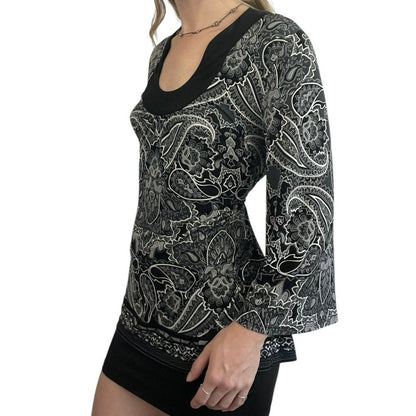 Apt. 9 Black & White Boho Paisley Long Bell Sleeve Blouse