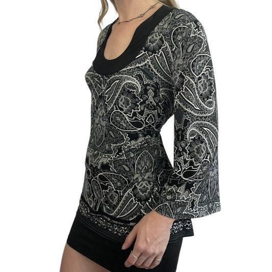 Apt. 9 Black & White Boho Paisley Long Bell Sleeve Blouse