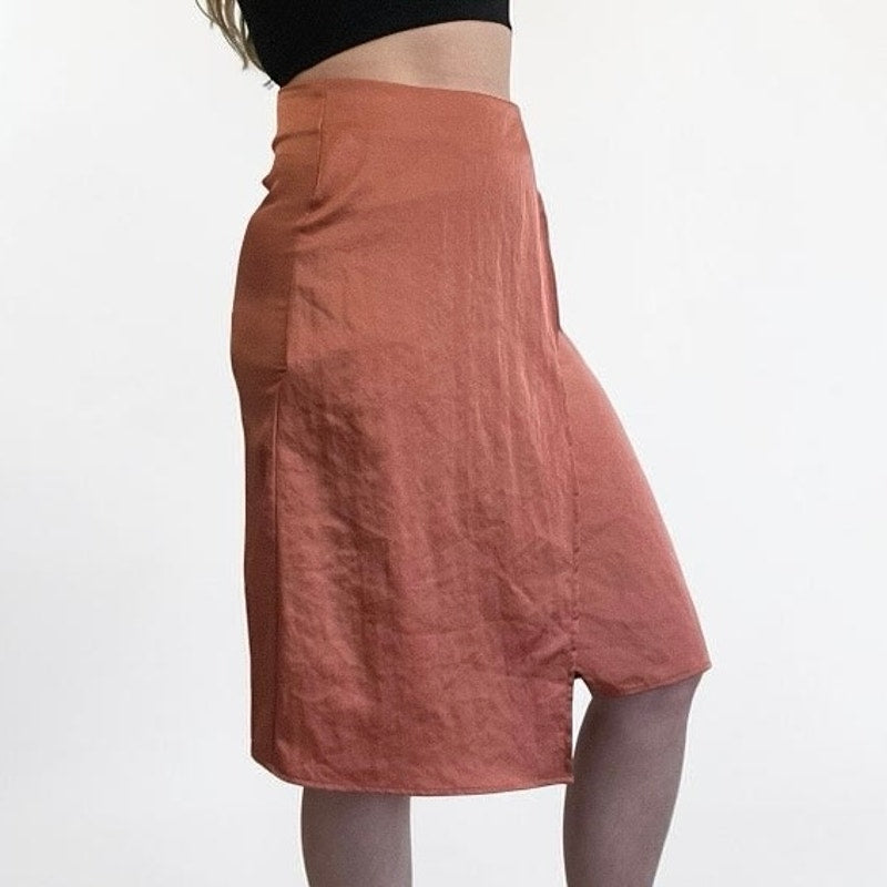 HYFVE Silky Copper Asymmetrical Midi Skirt