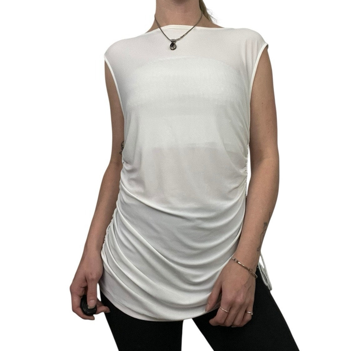 Doncaster White Sheer Cinched Sides Short Sleeve Blouse
