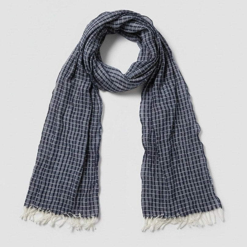 Thin Navy Blue Plaid Textured Fringe Scarf