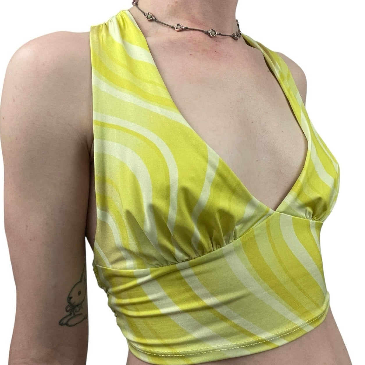 Urban Outfitters Yellow Striped Cross Tie Back Cropped Plunge Neck Top