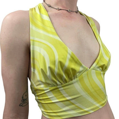 Urban Outfitters Yellow Striped Cross Tie Back Cropped Plunge Neck Top