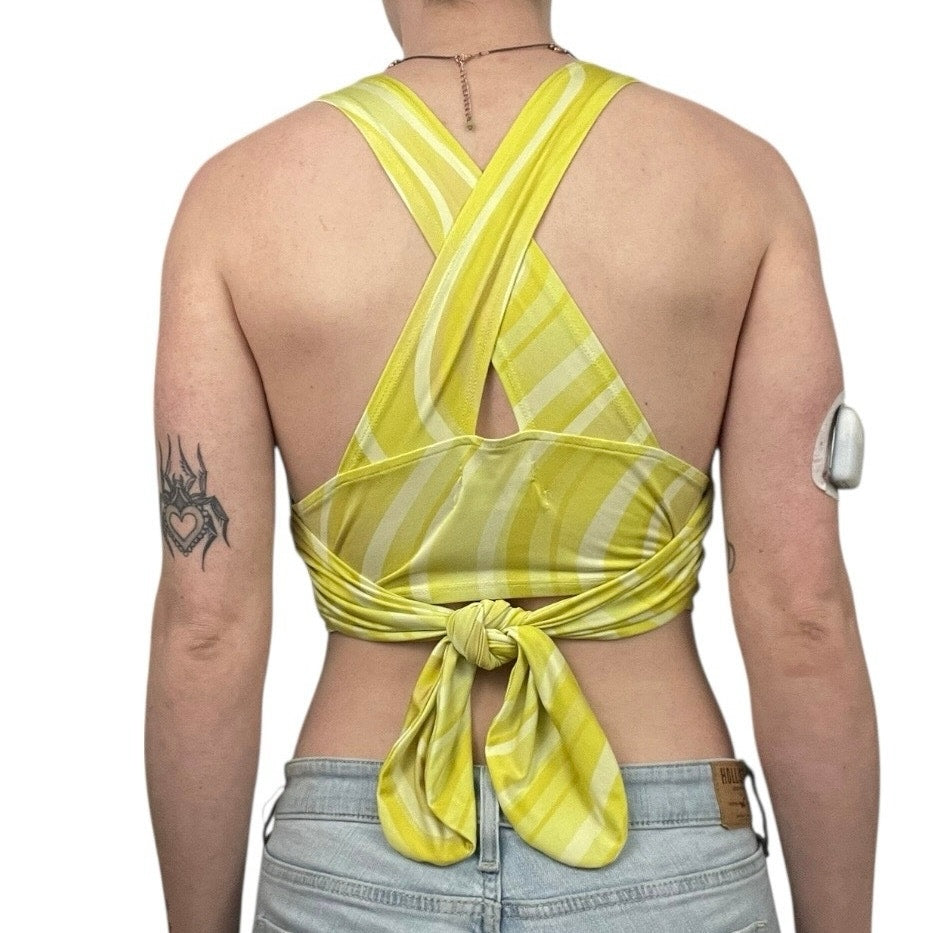 Urban Outfitters Yellow Striped Cross Tie Back Cropped Plunge Neck Top