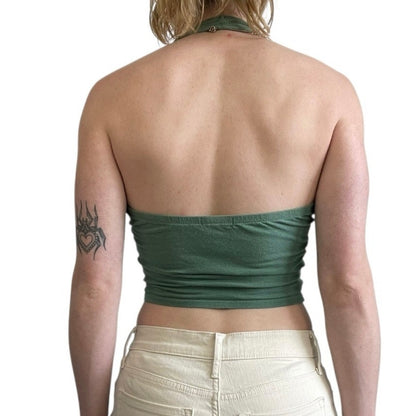 Bozzolo Green Halter Neck Cropped V-Neck Top