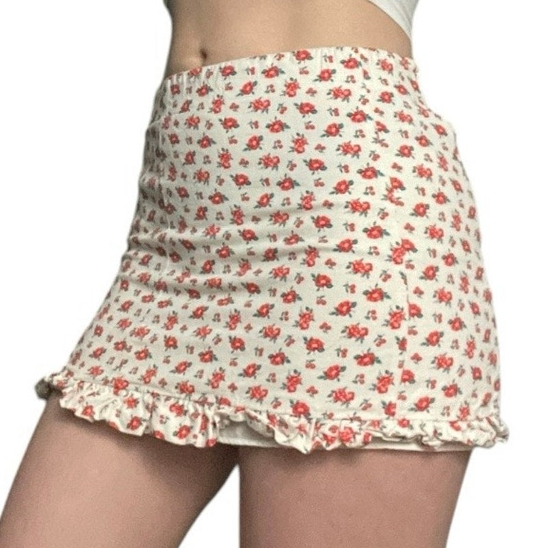 Zara Red & White Floral Ruffled Mini Skirt