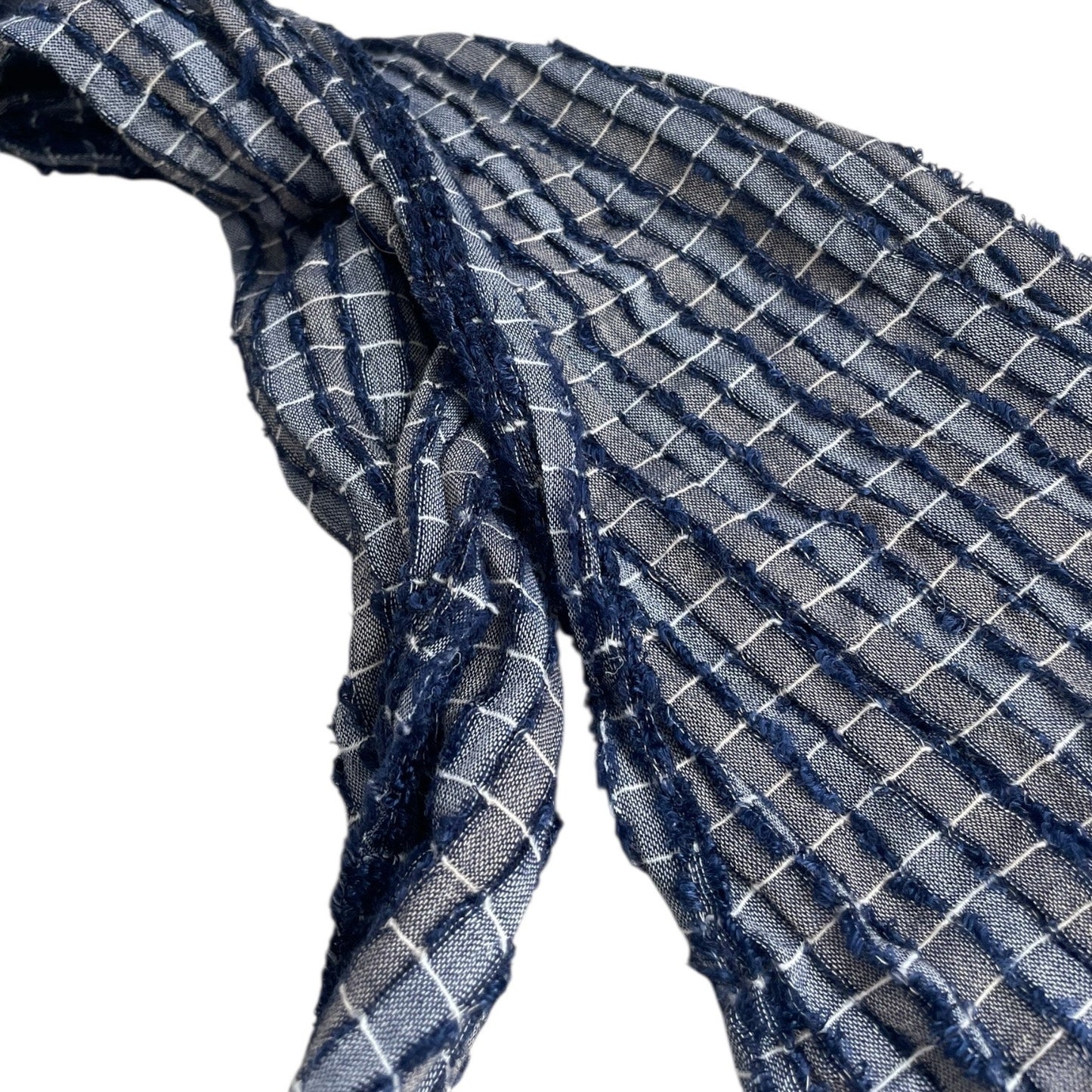 Thin Navy Blue Plaid Textured Fringe Scarf