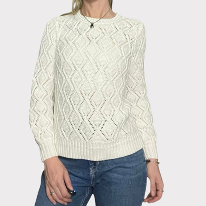 LOFT White Loose Diamond Cable Knit Crewneck Sweater