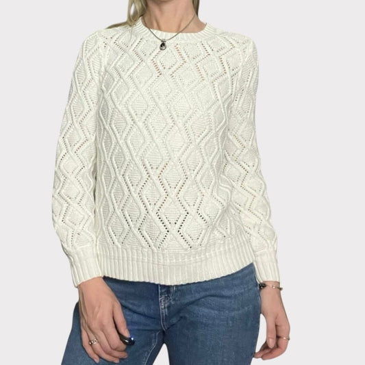 LOFT White Loose Diamond Cable Knit Crewneck Sweater