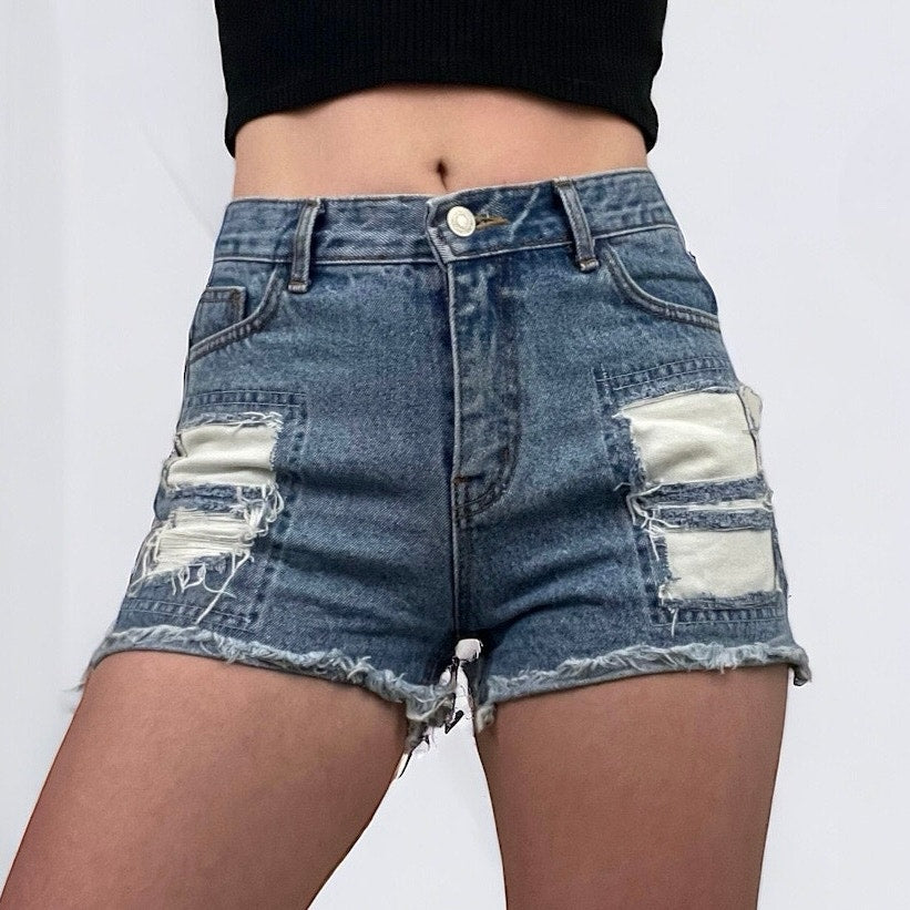 By Flow Patchwork Distressed High Rise Mini Denim Jean Shorts