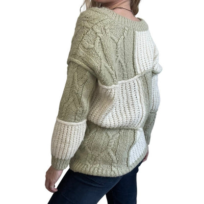 Zara Green & White Color Block Chunky Knit V-Neck Sweater