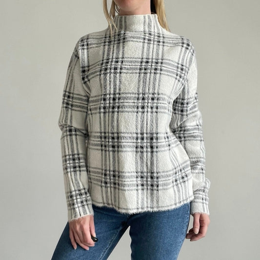 Tahari White & Black Plaid High Neck Fuzzy Knit Sweater