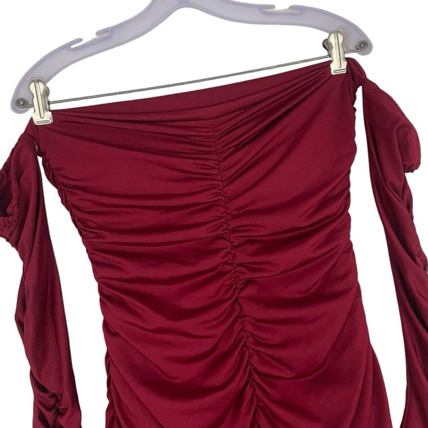 SHEIN Maroon Off the Shoulder Ruched Bodycon Long Sleeve Mini Dress