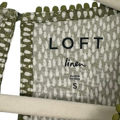 NWT LOFT Linen Green & White Dot Boho Embroidered Trim Blouse
