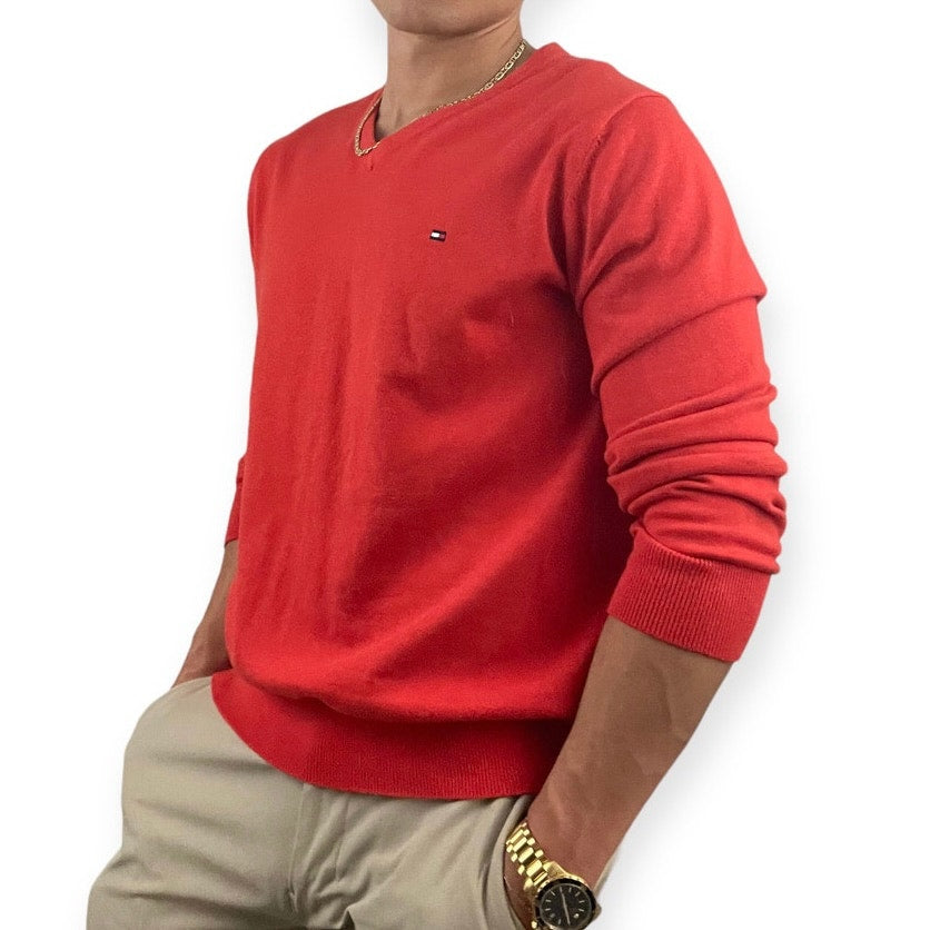 Tommy Hilfiger Vintage Mens Red V-Neck Sweater