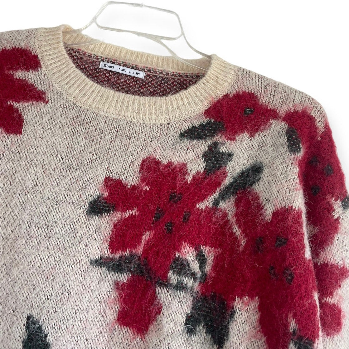 Zuiki Cream and Red Floral Knit Sweater