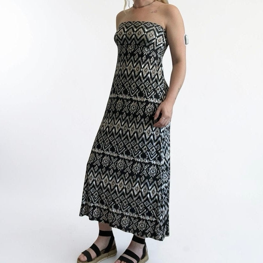 Ultra Flirt Boho Geometric Print Maxi Skirt - Strapless Dress