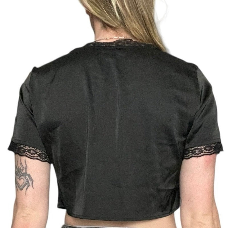 SHEIN Black Silky Lace Trim Tie Front Cropped Short Sleeve Blouse