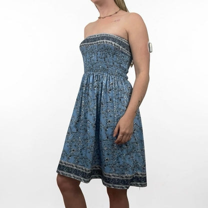 Blue Floral Boho Strapless Mini Dress
