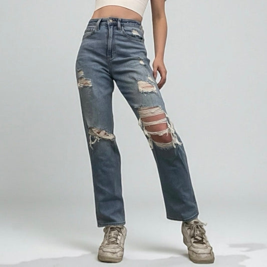 Hollister Curvy Ultra High Rise Vintage Straight Leg Distressed Stretch Jeans