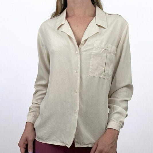 Metra Vintage Cream Silk Long Sleeve Button Down Blouse