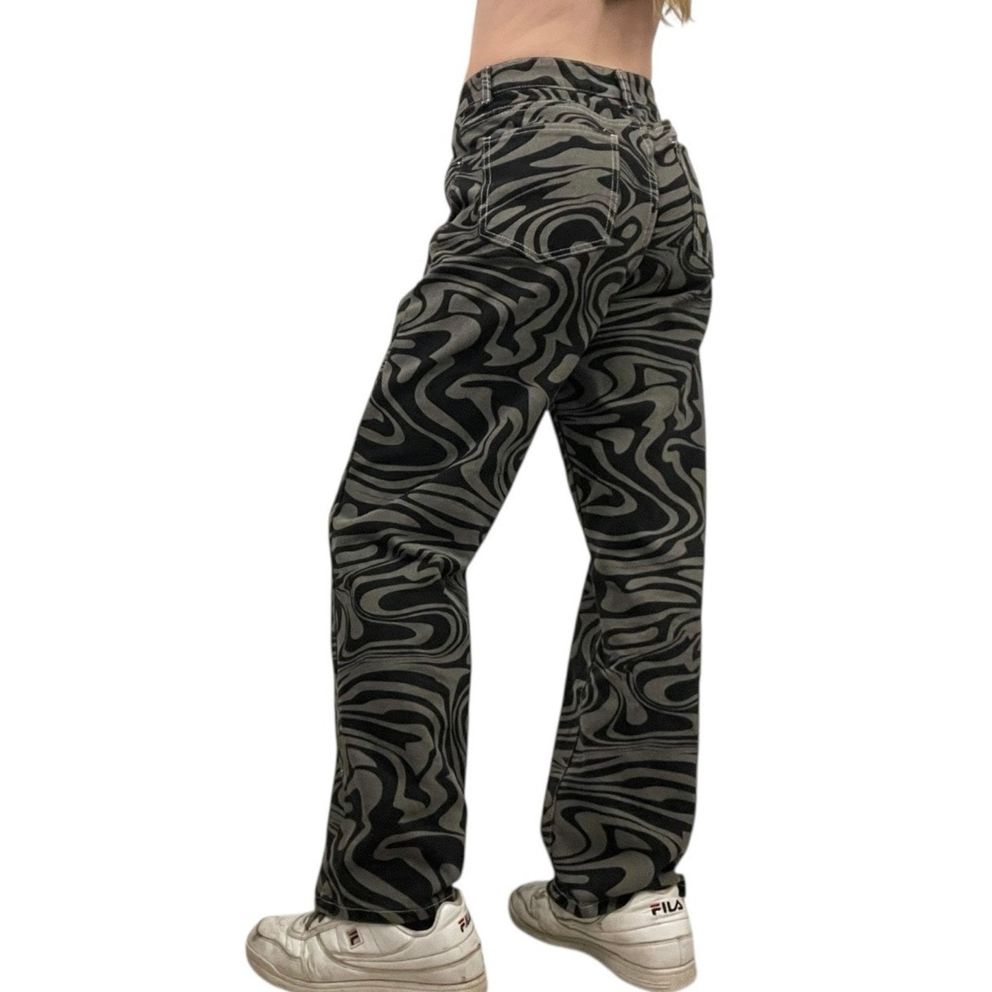 SHEIN High Rise Grey & Black Abstract Swirl Denim Statement Pants