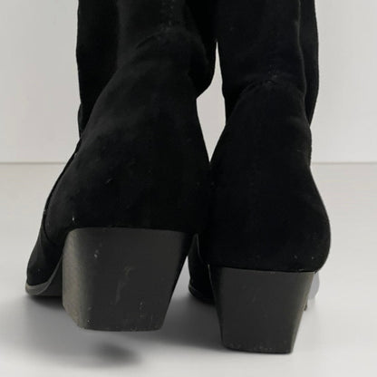 Black Faux Suede Pointed Toe Mid-Calf Heeled Boots