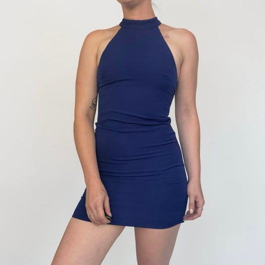 Lulu's Blue Lace Trim Open Back Halter Mini Dress