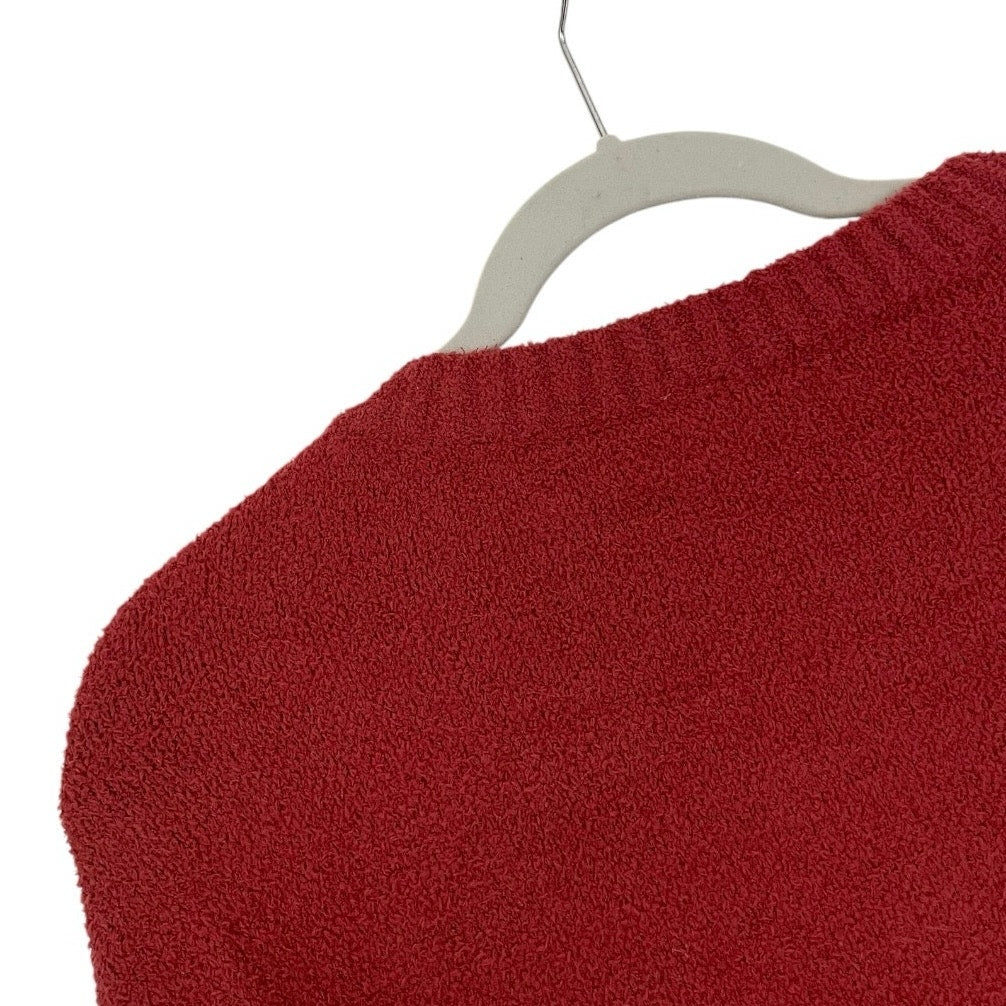 Red Textured Knit Cuffed Sleeve Crewneck Sweater