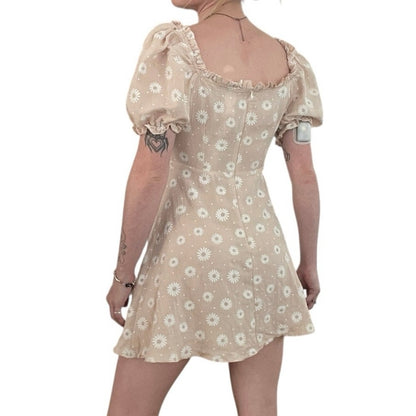 Nasty Gal Nude Floral Puff Sleeve Lace Up Front A-Line Mini Dress