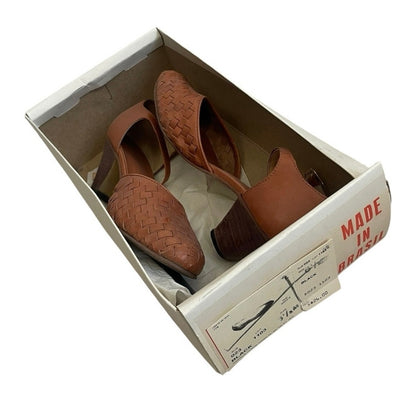 Vintage 70s Jacques Cohen Terracotta Woven Toe Genuine Leather Mid Block Heels