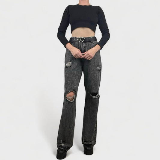 SHEIN Distressed Black Wide Leg High Rise Denim Jeans