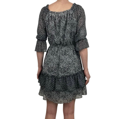 LOFT Black & Black Floral Layered Half Sleeve A-Line Mini Dress