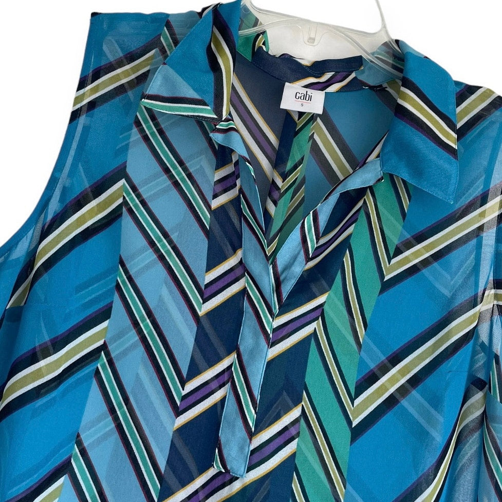 CAbi Sheer Colorful Striped V-Neck Collared Blouse