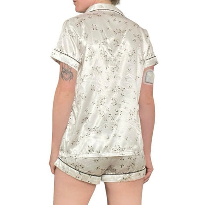 Silky Cream Floral Button Down Pajama Top & Mini Shorts Matching Set