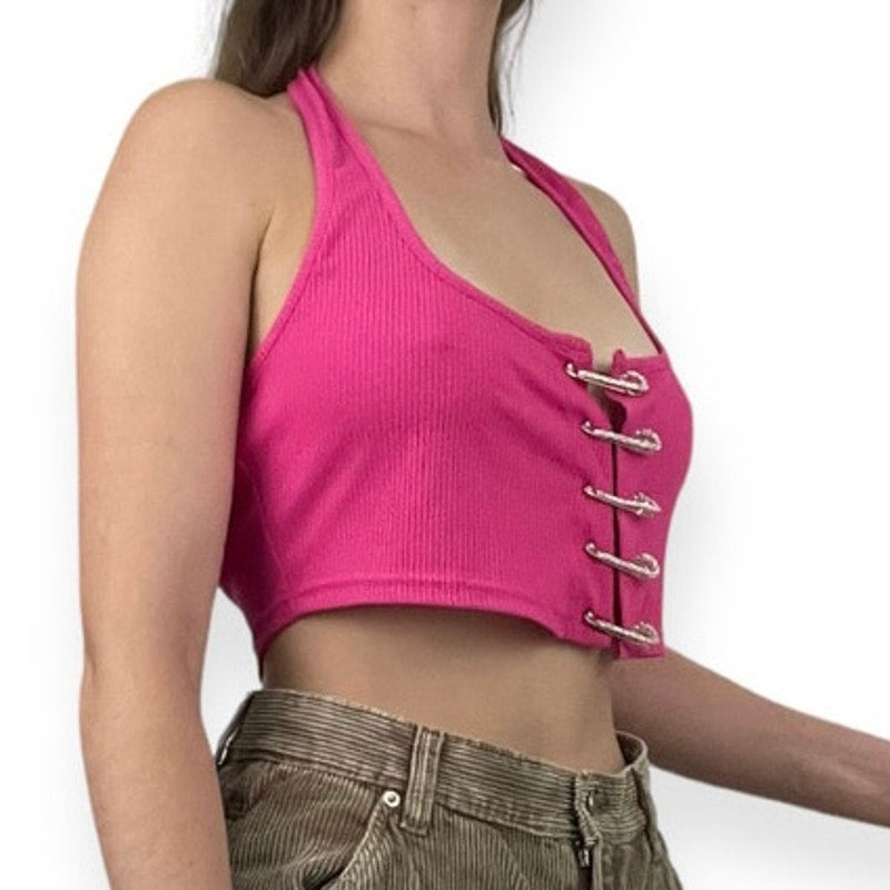 SHEIN Bright Pink Cropped Rhinestone Safety Pin Halter Neck Top