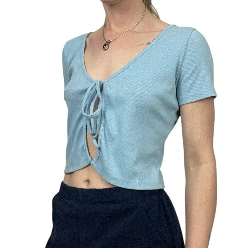 Romwe Blue Ribbed Tie Front Cropped Short Sleeve V-Neck Top