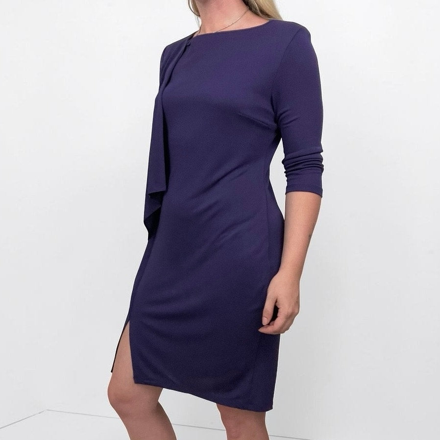 Doncaster Purple Asymmetrical Draped 3/4 Sleeve Dress