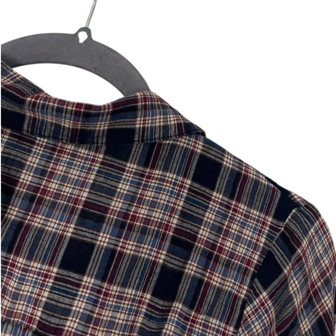 Blush BJ Navy Blue & Red Plaid Cropped Knot Front Button Down Shirt