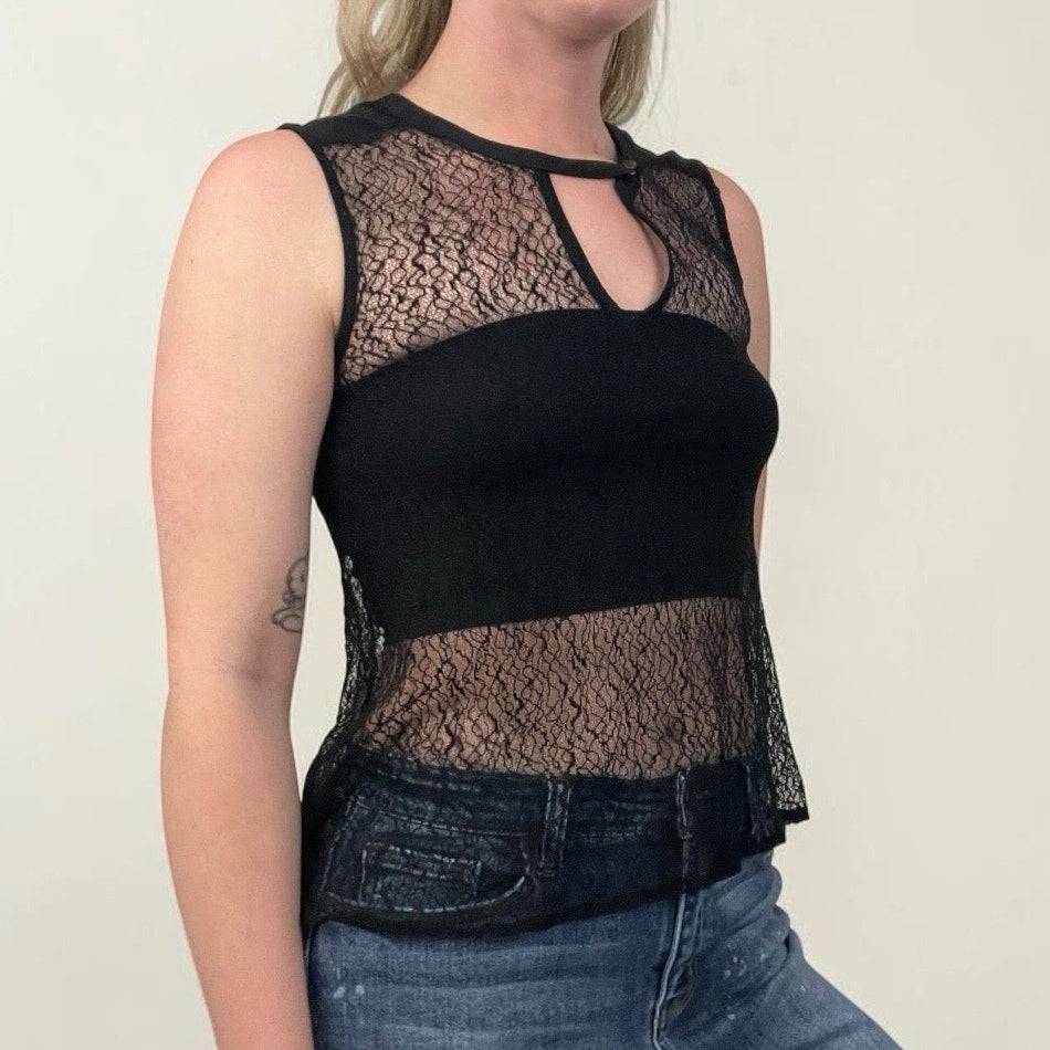 H&M Sheer Black Lace Keyhole Tank Top Blouse