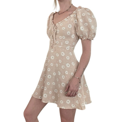 Nasty Gal Nude Floral Puff Sleeve Lace Up Front A-Line Mini Dress