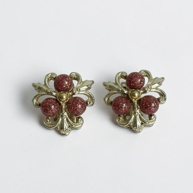 Vintage Red Glitter Bead Gold Tone Floral Clip On Statement Earrings