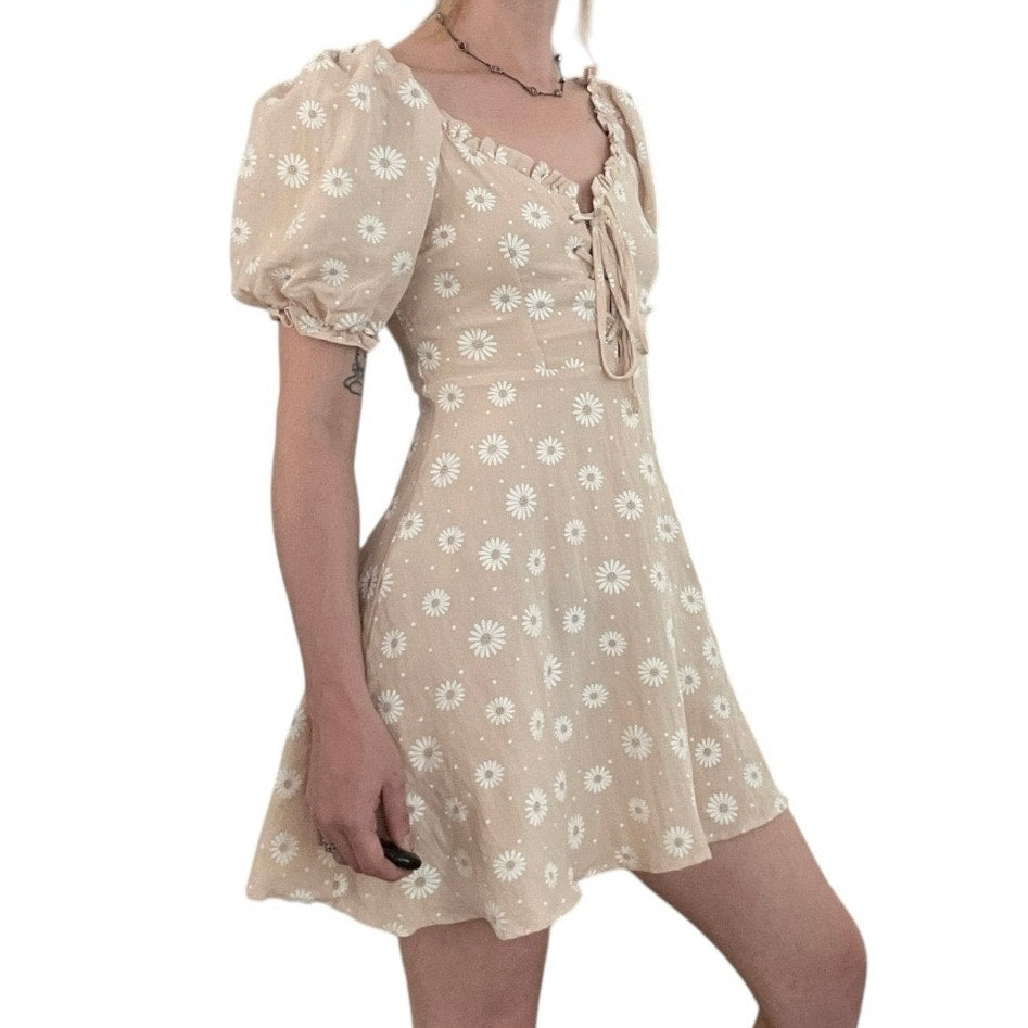 Nasty Gal Nude Floral Puff Sleeve Lace Up Front A-Line Mini Dress