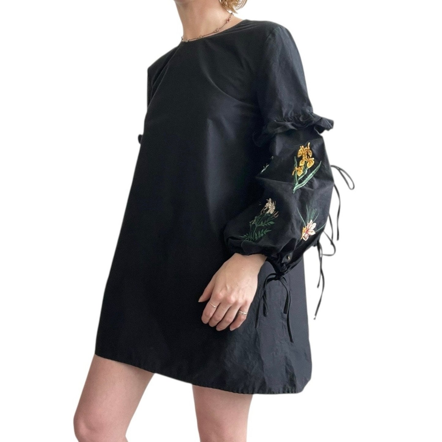 Trafaluc by Zara Black Mini Dress with Lace Up Floral Embroidered Long Sleeves