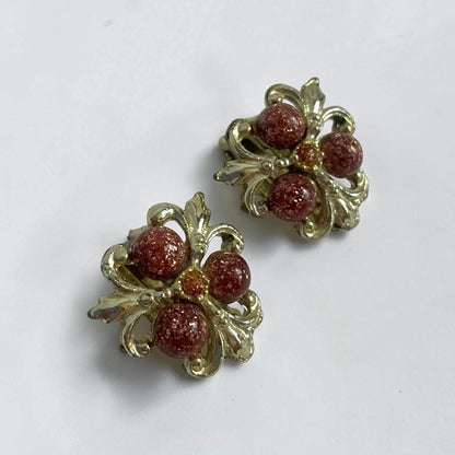 Vintage Red Glitter Bead Gold Tone Floral Clip On Statement Earrings